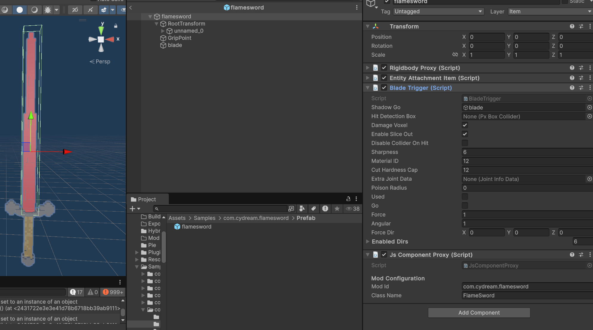 FlameSword prefab hierarchy and component setup