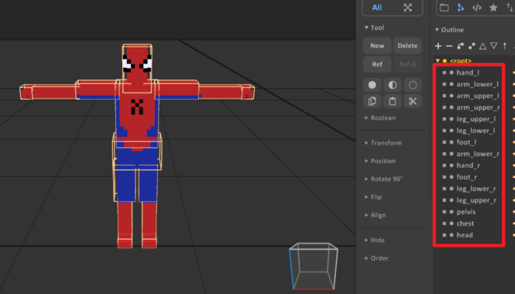 SpiderMan voxel part naming in MagicaVoxel