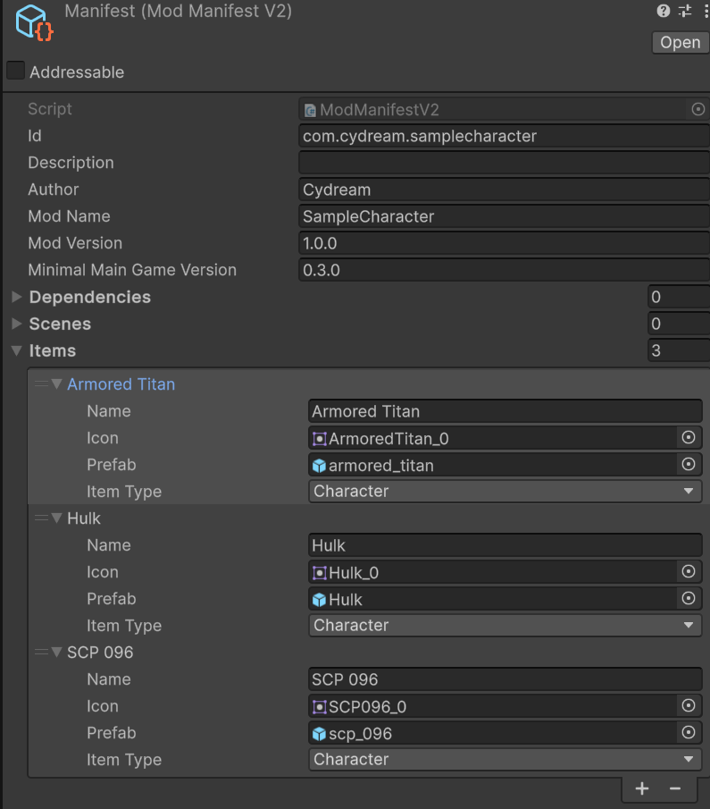 Character manifest item setup