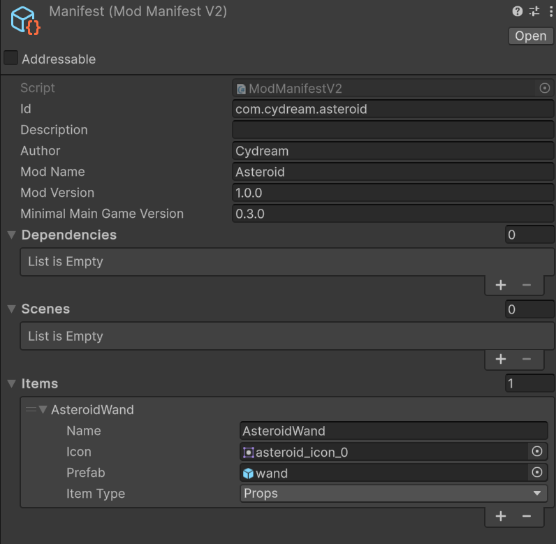 Asteroid Wand Manifest Configuration